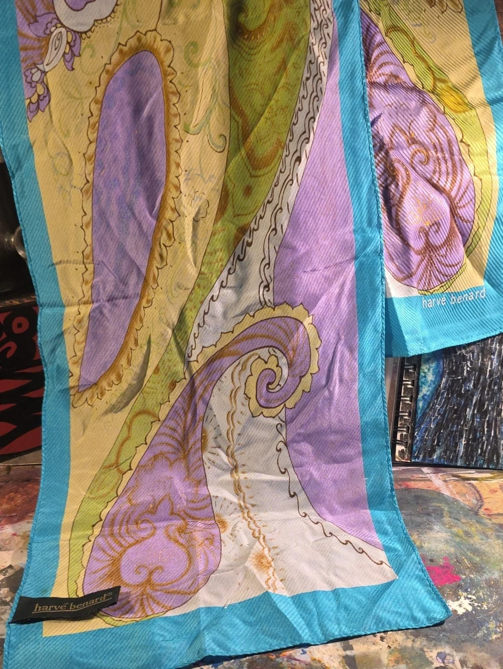 Vintage Harvé Benard Silk  Paisley Scarf Turquoise &  Lavender